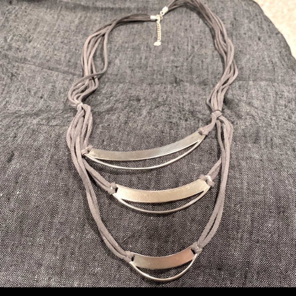 Silpada necklace with gray leather and silver bars in EUC